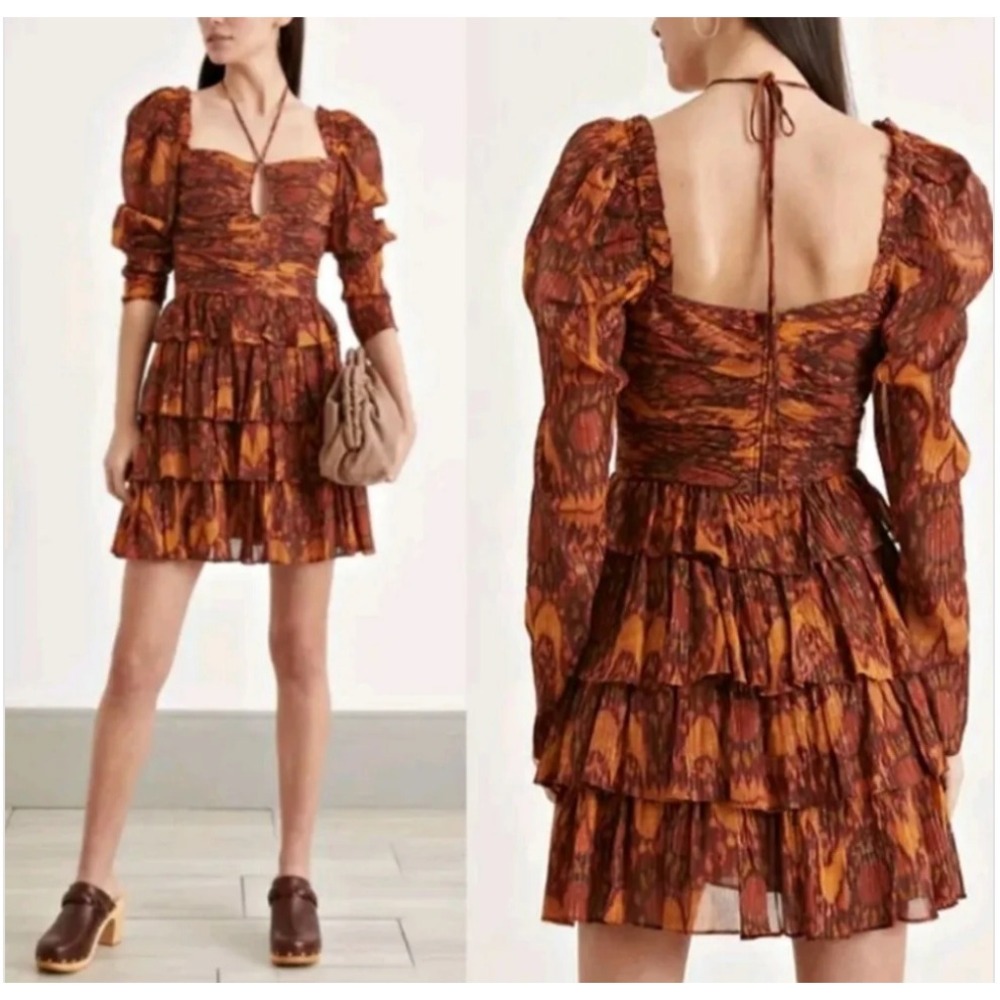 House of Harlow 1960 Mini Dress Size S NEW Burgundy Ikat Ruffle Tiered Boho Folk